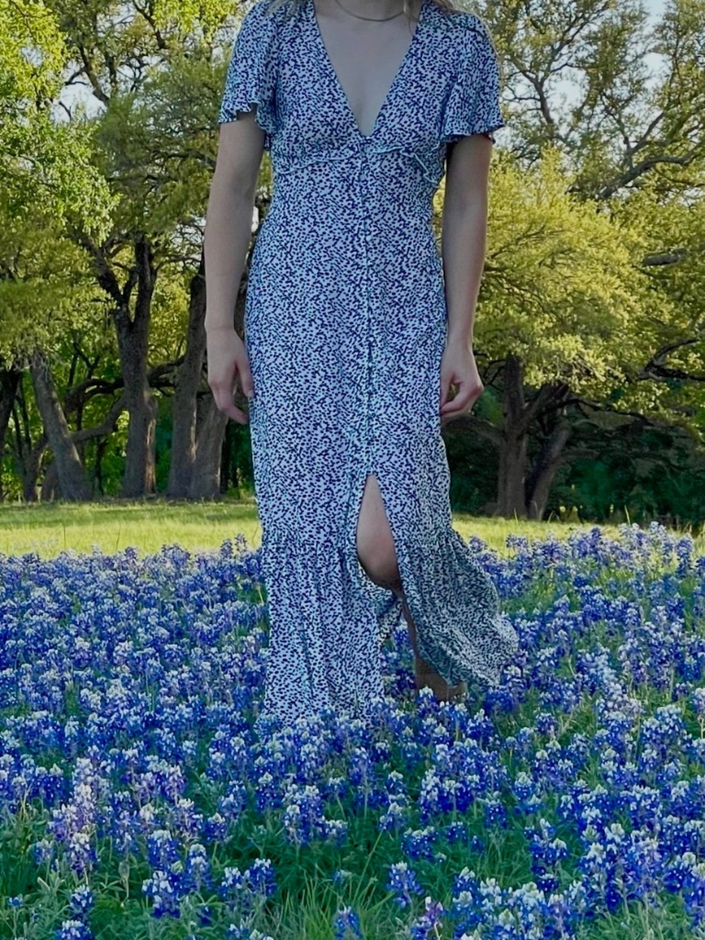 Flutter Sleeve Button Front Deep V Neck Maxi Dress